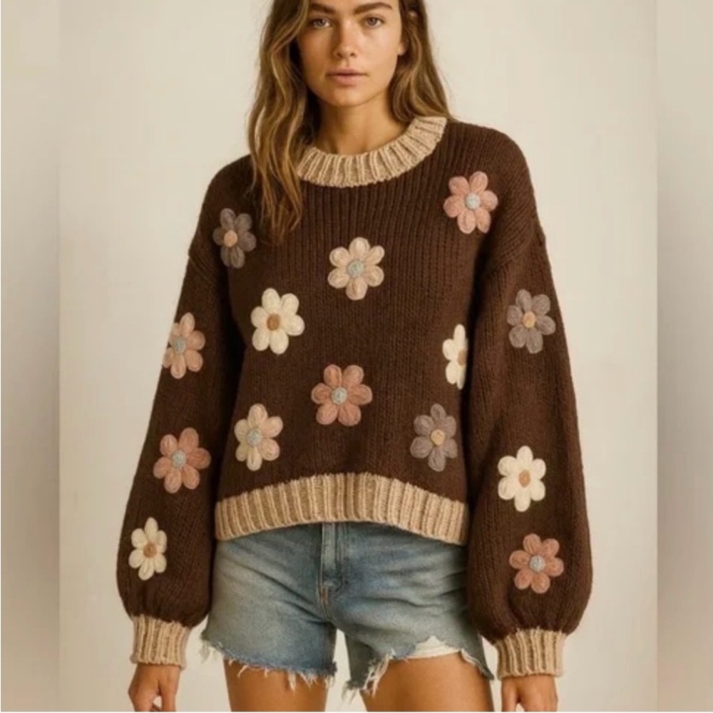 NWT Luna Ivy Floral Embellished chunky knit Brown Sweater - M